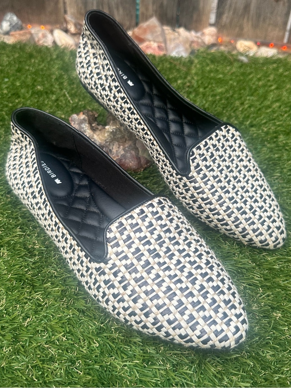 Birdies Black and White Woven Pointed-Toe Flats